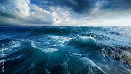 Turbulent ocean waves under a stormy sky