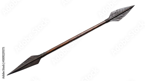 Artfully crafted traditional spear showcasing intricate detailing, resting on a white surface, on the transparent background. PNG Format