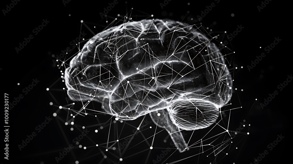 human brain made of geometric shapes. The brain is composed of a network of lines and dots that form a complex structure 