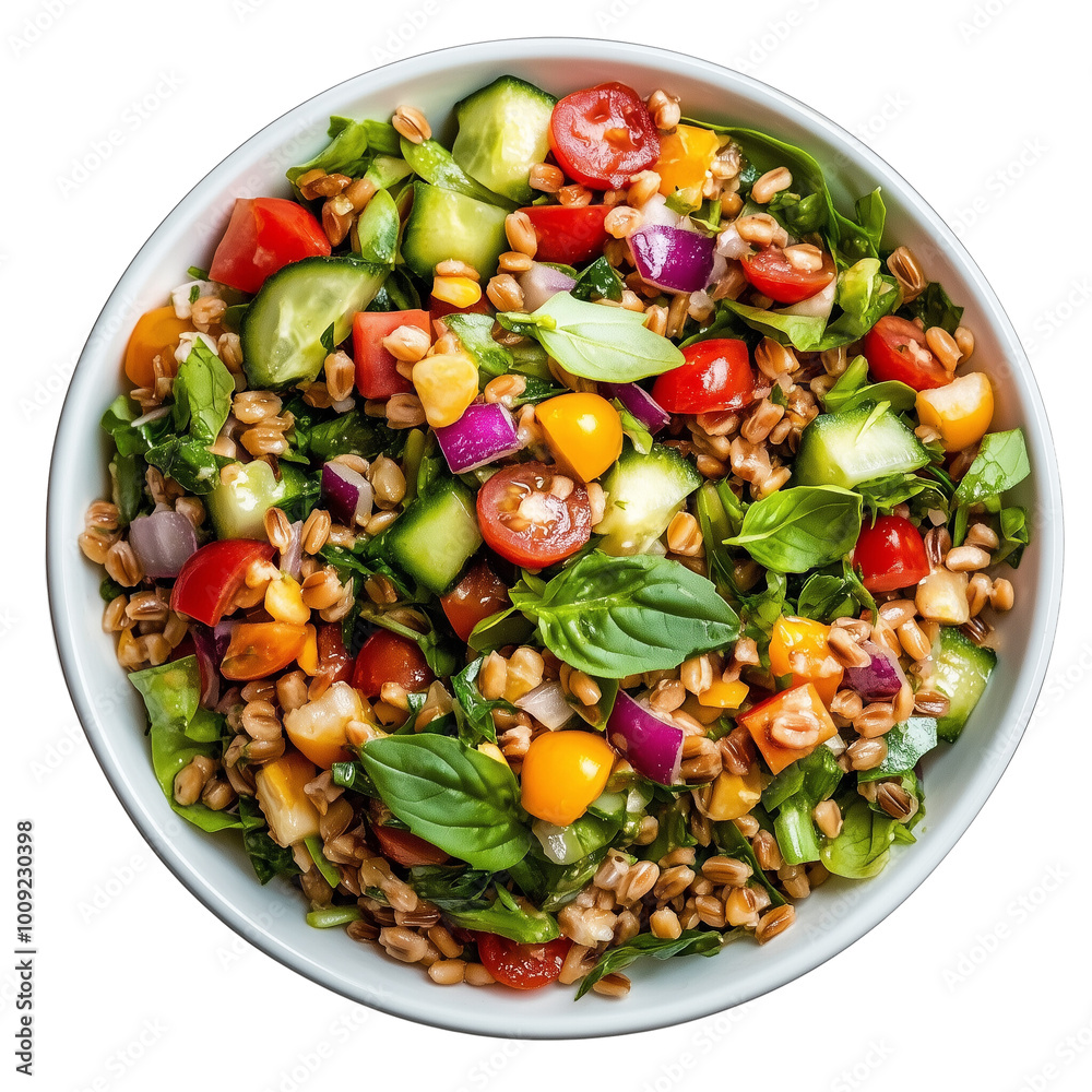 Farro Salad on the white plate, transparent background Farro Salad on the white plate, transparent background
