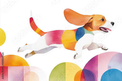 Farbenfroher Beagle springt über geometrischen Formen – Dynamische Aquarellkunst für das Kinderzimmer photo