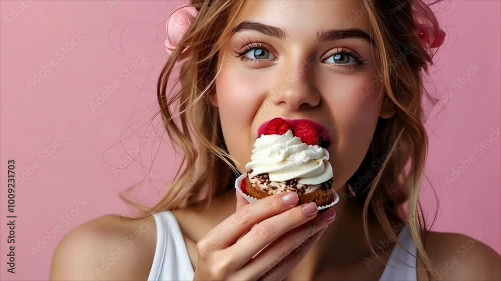 A young beautiful woman with bright red lips playfully demonstrates how delicious a cake with red berries looks A young beautiful woman with bright red lips playfully demonstrates how delicious a cake with red berries looks