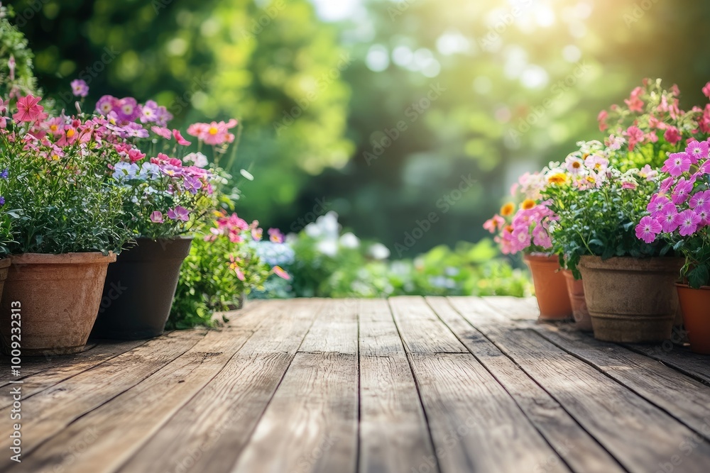 Beautiful Summer Garden with Wooden Terrace and Colorful Flower Pots. Sunny Day with Copy Space for Banner Concept