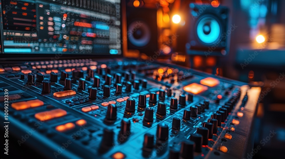 Close-up of a professional audio mixing console in a studio Close-up of a professional audio mixing console in a studio