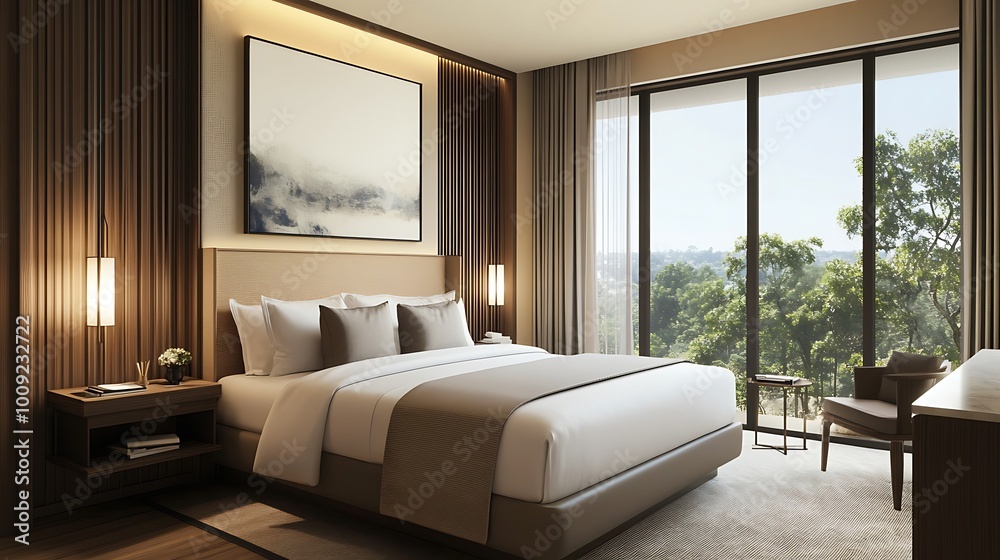 Fototapeta premium Modern Hotel Room with Bed, Nightstand, and View of Trees