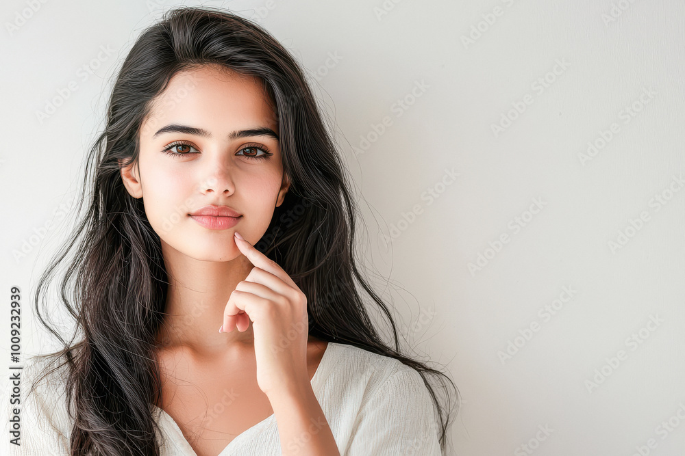 close up of young indian woman on white background close up of young indian woman on white background