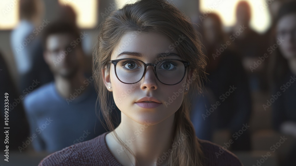 young woman with glasses, standing and speaking in a meeting environment, surrounded by her colleagues who are out of focus young woman with glasses, standing and speaking in a meeting environment, surrounded by her colleagues who are out of focus