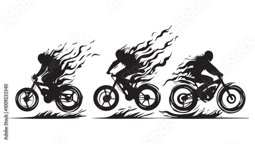 set of wheelie & bike, flame wheel silhouette, solid black clean vector, isolated white background
