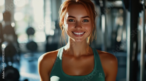 Young woman with a smile wearing a green tank top standing in a gym with exercise equipment in the background. Free Download Young woman with a smile wearing a green tank top standing in a gym with exercise equipment in the background. - GFXLoad