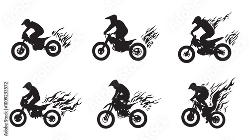 set of wheelie & bike, flame wheel silhouette, solid black clean vector, isolated white background
