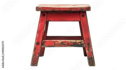 A rustic red stool with character in a minimalist setting on a bright background, on the transparent background. PNG Format