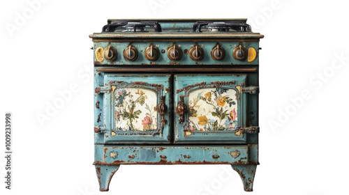 Vintage floral patterned stove exuding rustic charm in a cozy kitchen, on the transparent background. PNG Format photo