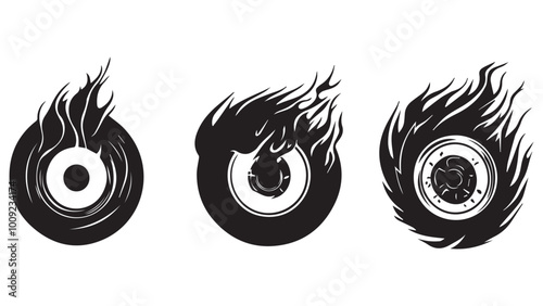 set of wheelie & bike, flame wheel silhouette, solid black clean vector, isolated white background
