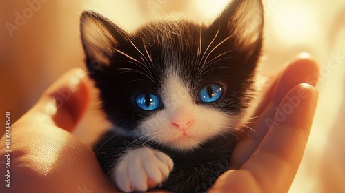 A cute black and white kitten with bright blue eyes resting in a person's hand.