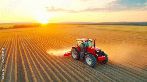 tractor working at green agricultural field