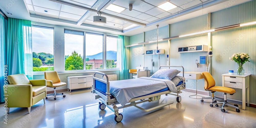 Efficient post-operation recovery in a bright, clean hospital room with modern medical equipment Efficient post-operation recovery in a bright, clean hospital room with modern medical equipment