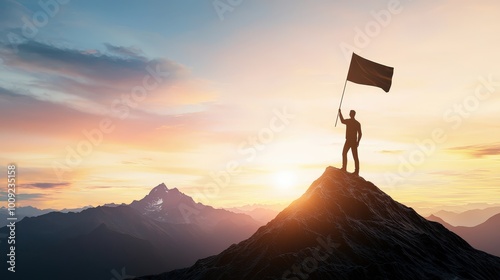A person planting a flag on a peak, symbolizing achieving entrepreneurial success.