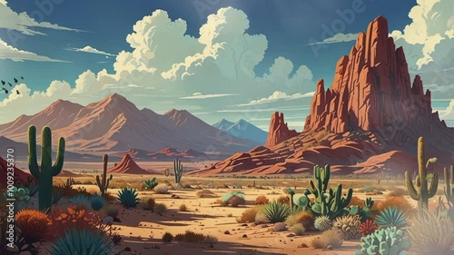 desert landscape with cactus and mountains. seamless looping 4k video background animation