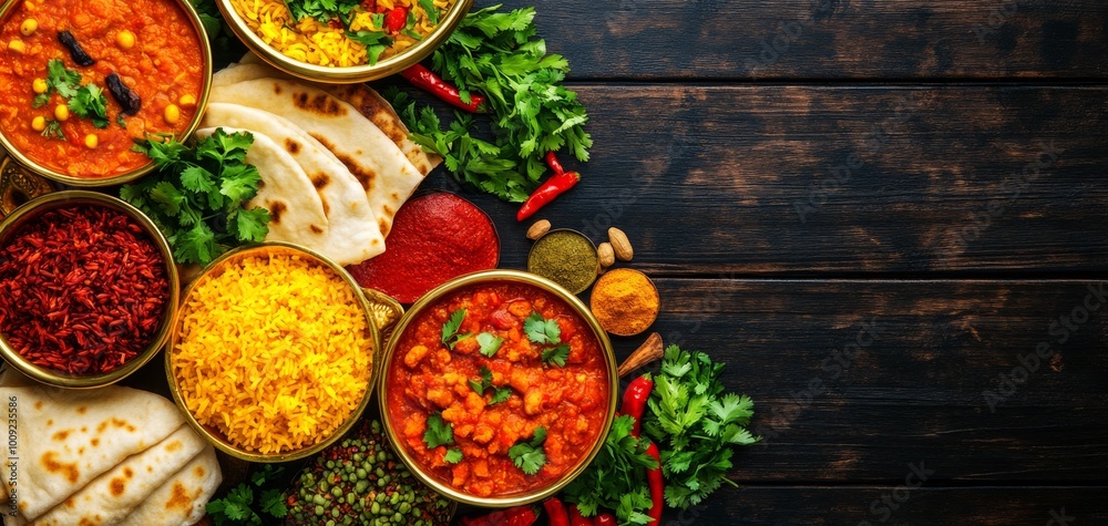 Indian dishes including curries, rice, and naan placed on a wooden table, showcasing an explosion of colors .Palak Paneer, Chiken Tikka, Biryani, Vegetable Curry, Papad, Dal, Palak Sabji, Jira Alu Indian dishes including curries, rice, and naan placed on a wooden table, showcasing an explosion of colors .Palak Paneer, Chiken Tikka, Biryani, Vegetable Curry, Papad, Dal, Palak Sabji, Jira Alu