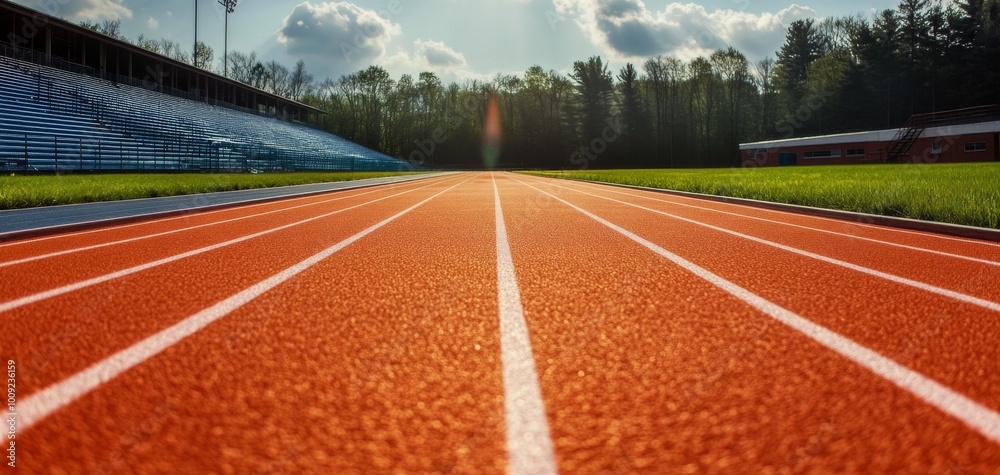Vibrant orange running track under a clear blue sky, showcasing lines leading towards the horizon, perfect for athletic themes and sports-related visuals. Vibrant orange running track under a clear blue sky, showcasing lines leading towards the horizon, perfect for athletic themes and sports-related visuals.