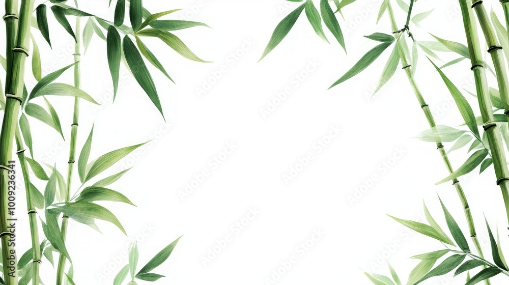 A frame of green bamboo stalks and leaves with a white background. A frame of green bamboo stalks and leaves with a white background.