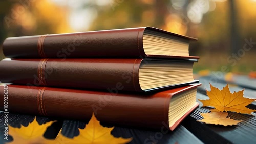 Stack of Books on Table with Autumn Leaves and Warm Lighting photo