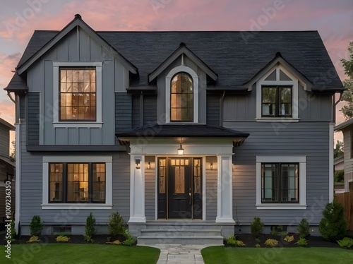 Double garage, brick and siding trim, and a luxurious modern home exterior