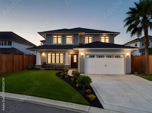 Double garage, brick and siding trim, and a luxurious modern home exterior