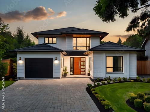 Double garage, brick and siding trim, and a luxurious modern home exterior