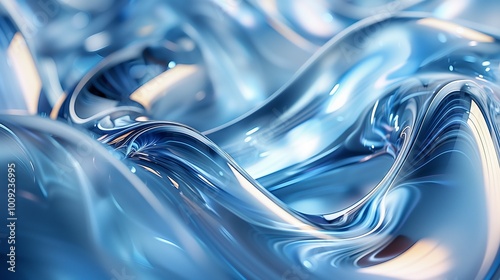 3D render, abstract glass background with blue and silver reflections, close-up of intertwined metallic shapes with blurred edges