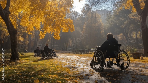 Group of friends in wheelchairs enjoying a sunny autumn day in a serene park surrounded by golden trees.
