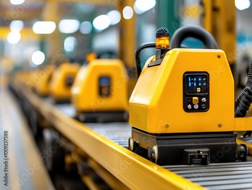 Automated Guided Vehicles on Conveyor Belt in Factory.