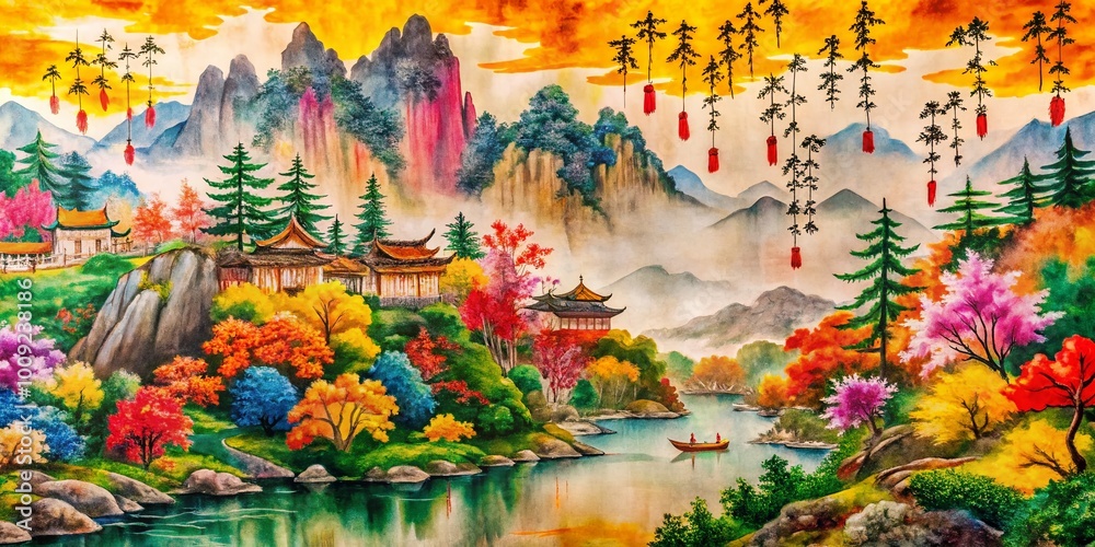 Fototapeta premium Elegant Asian Calligraphy Painting on Rice Paper with Traditional Brushstrokes and Rich Colors