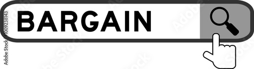 Search banner in word bargain with hand over magnifier icon on white background