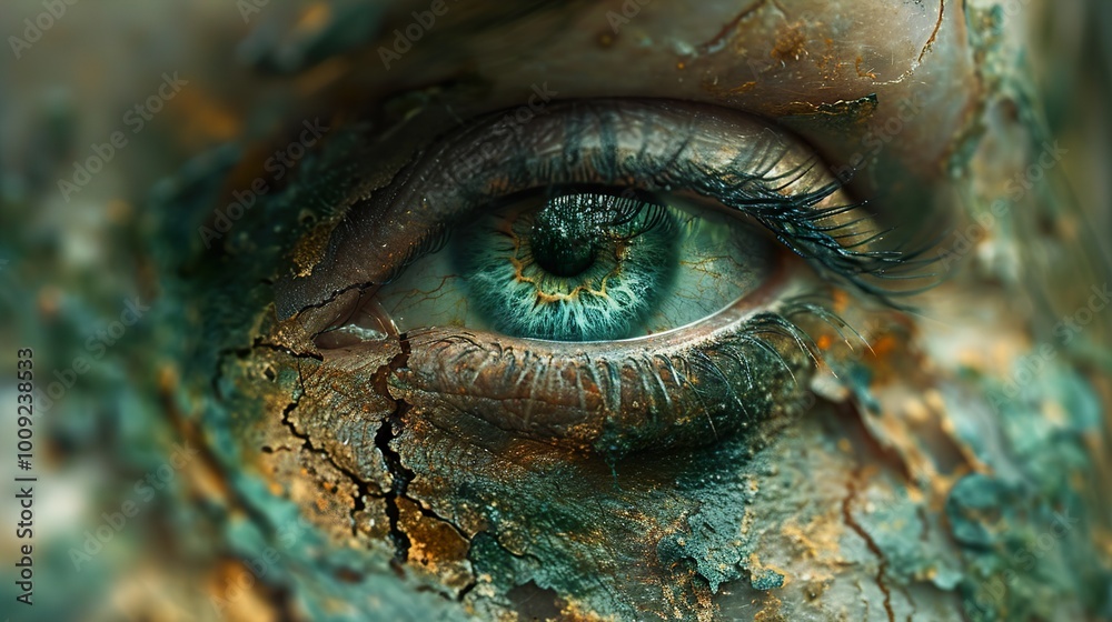 Close Up of a Mystical Green Eye with Cracked Skin Texture Close Up of a Mystical Green Eye with Cracked Skin Texture