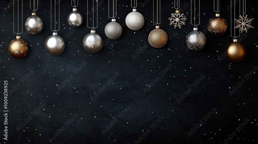 Beautifully designed Christmas ornaments hang gracefully on a dark blue background, adorned with snowflakes and geometric patterns, evoking a festive and elegant mood. Beautifully designed Christmas ornaments hang gracefully on a dark blue background, adorned with snowflakes and geometric patterns, evoking a festive and elegant mood.