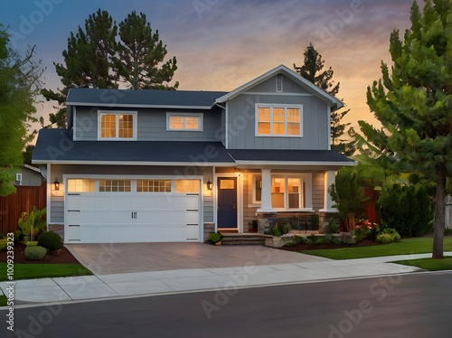 Double garage, brick and siding trim, and a luxurious modern home exterior