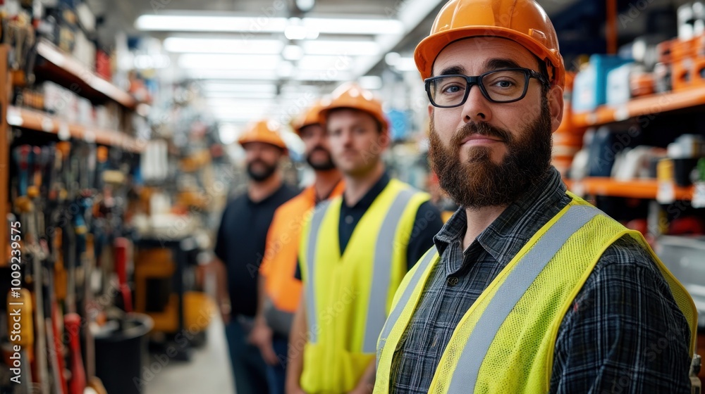 A group of workers in safety gear poses in a tool-filled industrial environment. A group of workers in safety gear poses in a tool-filled industrial environment.