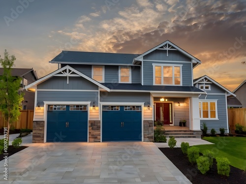 Double garage, brick and siding trim, and a luxurious modern home exterior