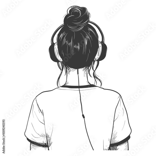 Back View of a Woman Listening to Music with Headphones