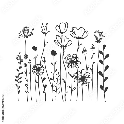 Black and White Hand Drawn Floral Illustration