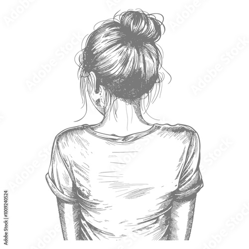 Back view of a woman with her hair in a bun wearing a t shirt