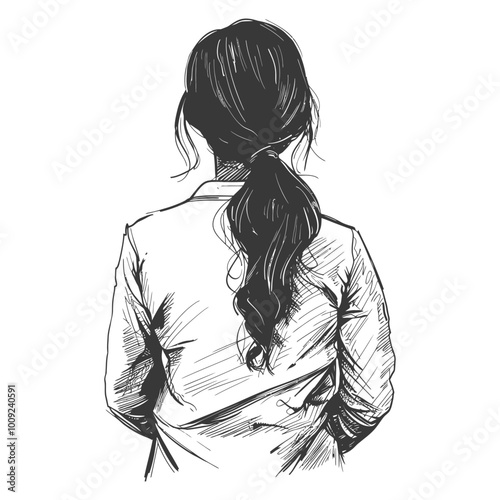 Back View Sketch of a Woman with Long Hair in a Ponytail