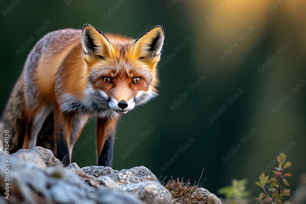 Fototapeta premium A close-up of a red fox standing on a rocky hill, its fur glowing in the sunlight as it surveys the forest landscape below