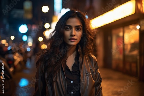 Portrait of a tender indian woman in her 30s wearing a trendy bomber jacket over bustling city street at night