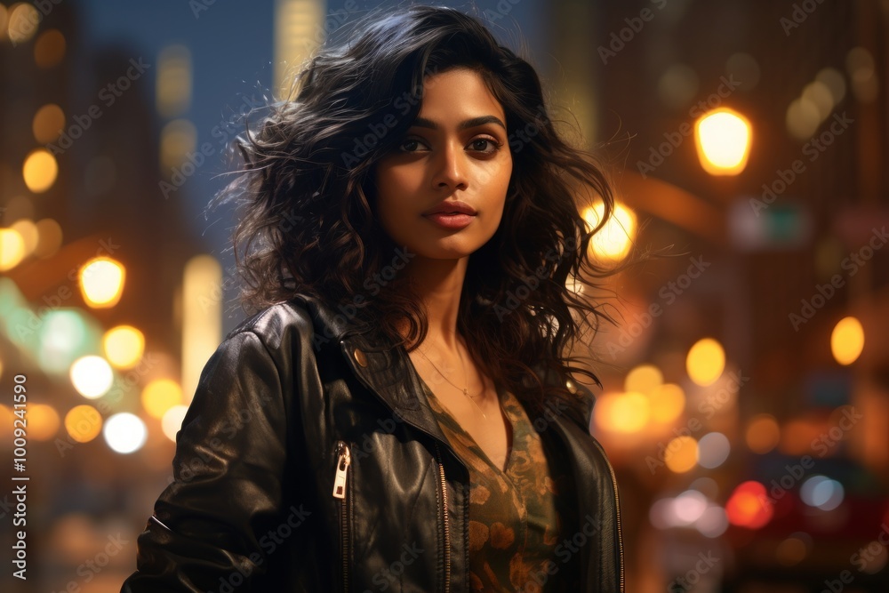 Portrait of a tender indian woman in her 30s wearing a trendy bomber jacket isolated in bustling city street at night Portrait of a tender indian woman in her 30s wearing a trendy bomber jacket isolated in bustling city street at night