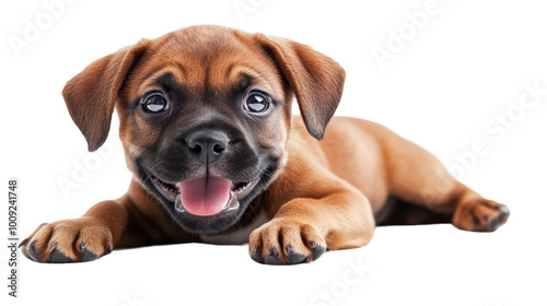 A playful puppy lounging happily on a bright white surface in a cozy setting, on the transparent background. PNG Format