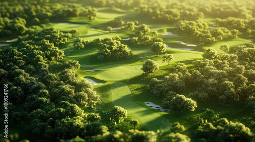 Aerial view of a lush golf course with greenery and trees