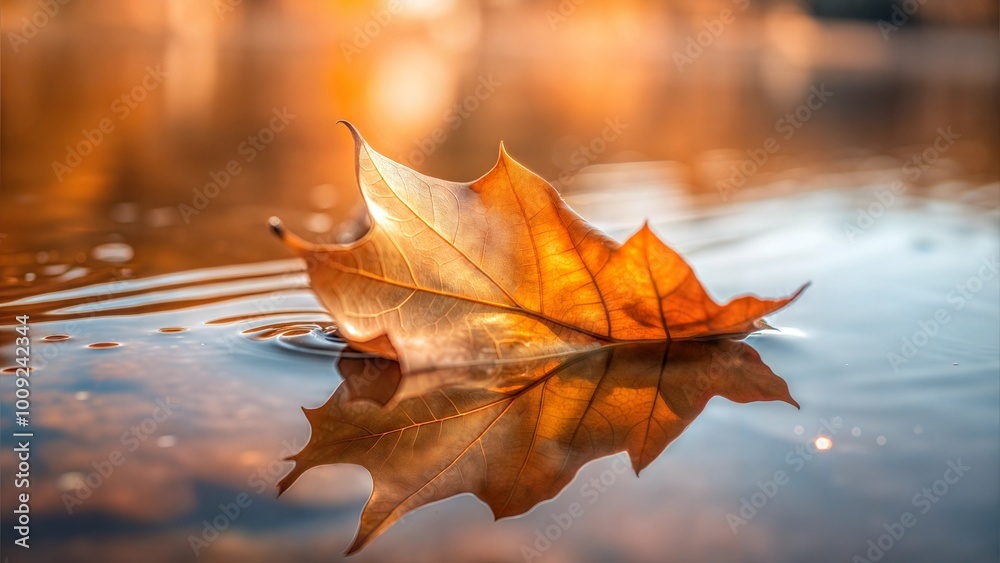 A single autumn leaf floating on calm water, illuminated by warm, golden sunlight, capturing the serene beauty of the fall season... A single autumn leaf floating on calm water, illuminated by warm, golden sunlight, capturing the serene beauty of the fall season...