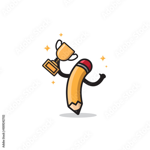 cartoon character illustration of a pencil holding a trophy